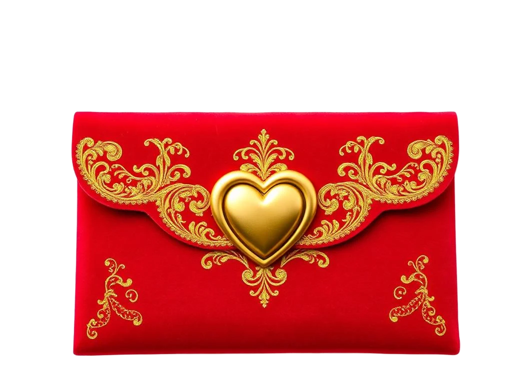 Sobre de terciopelo rojo con sello de corazón dorado